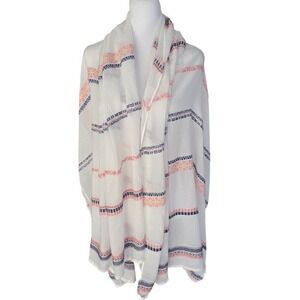 West Loop White Embroidered Striped Oversized Scarf Shawl Wrap Boho Navy Pink‎